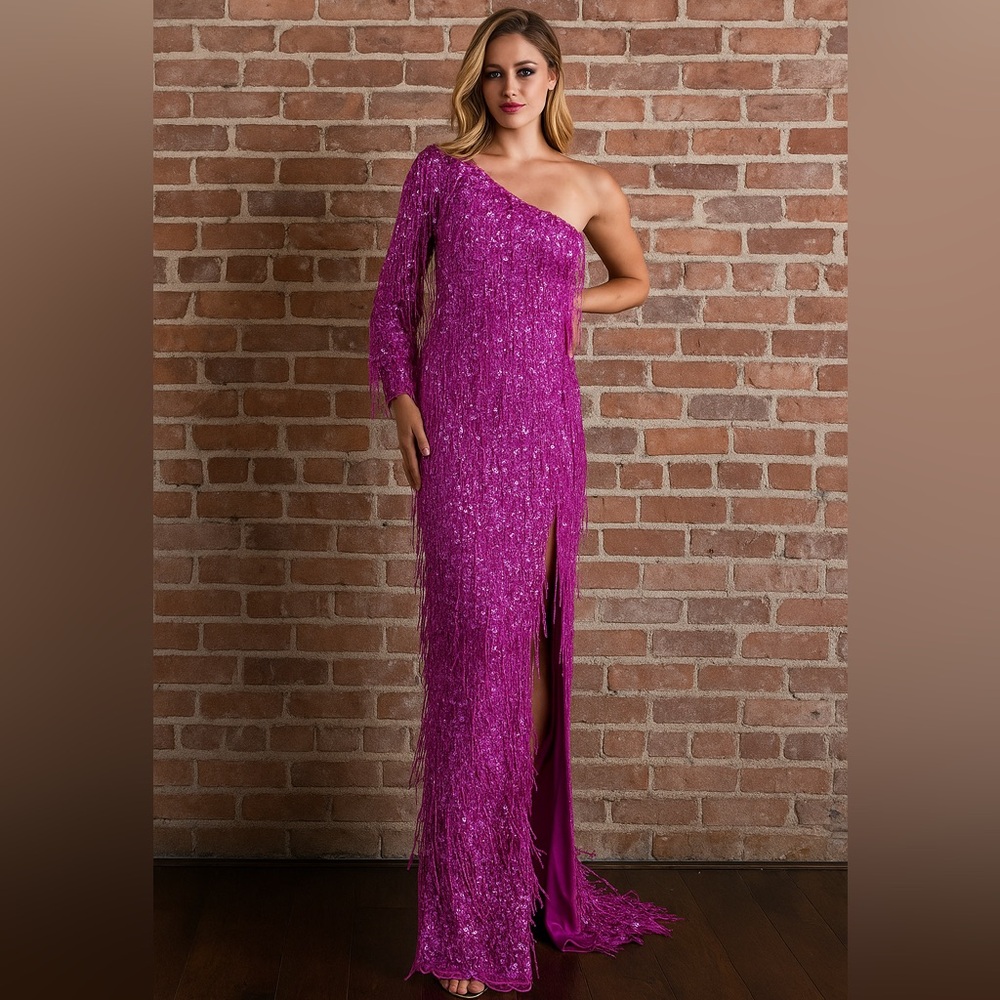 Primavera Couture Natalie Purple Icicle Drip One Sleeve Dress